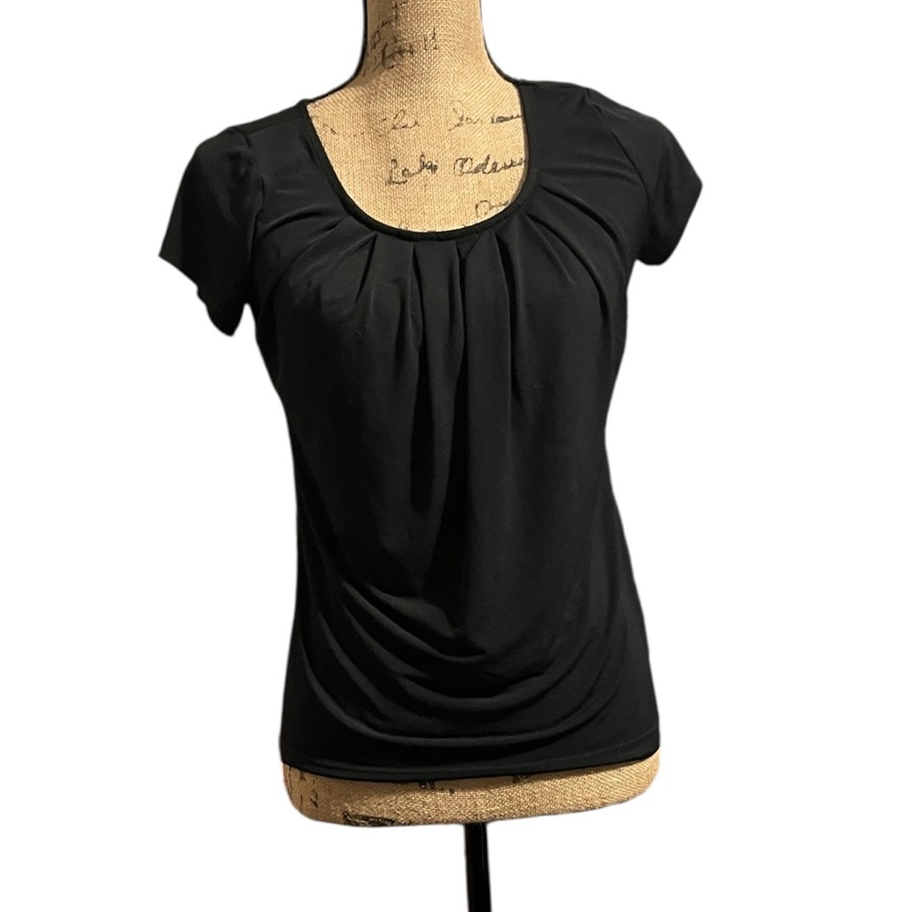 New York & Company Stretch Black Stretch Blouse with gathered scoop neckline